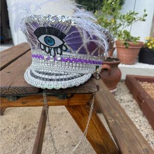 Custom Festival Hat w/ Evil Eye Patch, Sequins, Chains & Feathers